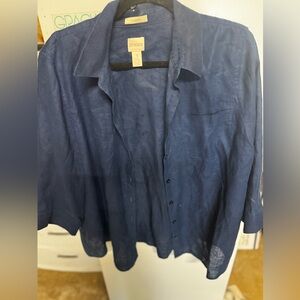 Chico's Sz 3  100% Linen No-Iron Dark Blue Shirt 3/4 Sleeve Coastal